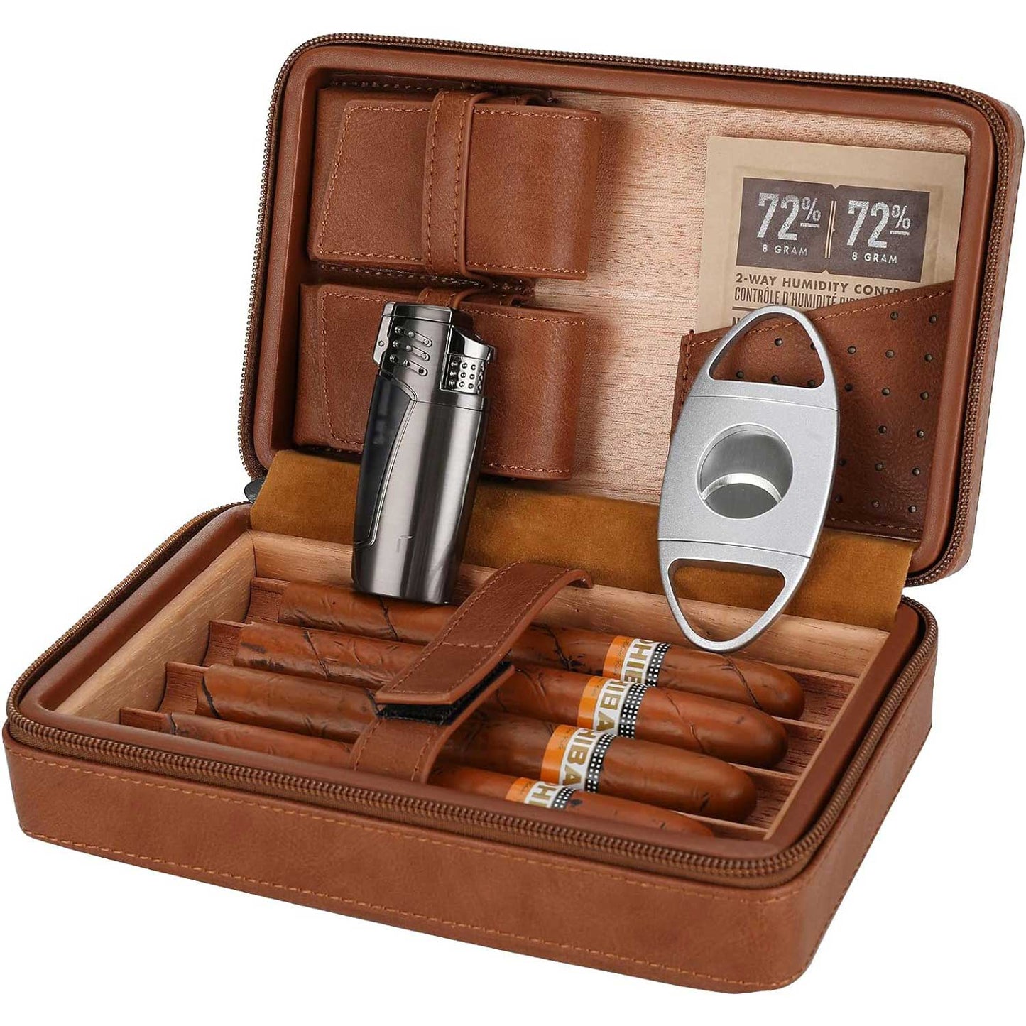 Cedar Wood Leather Cigar Case with Cigar Accessories Gift Set