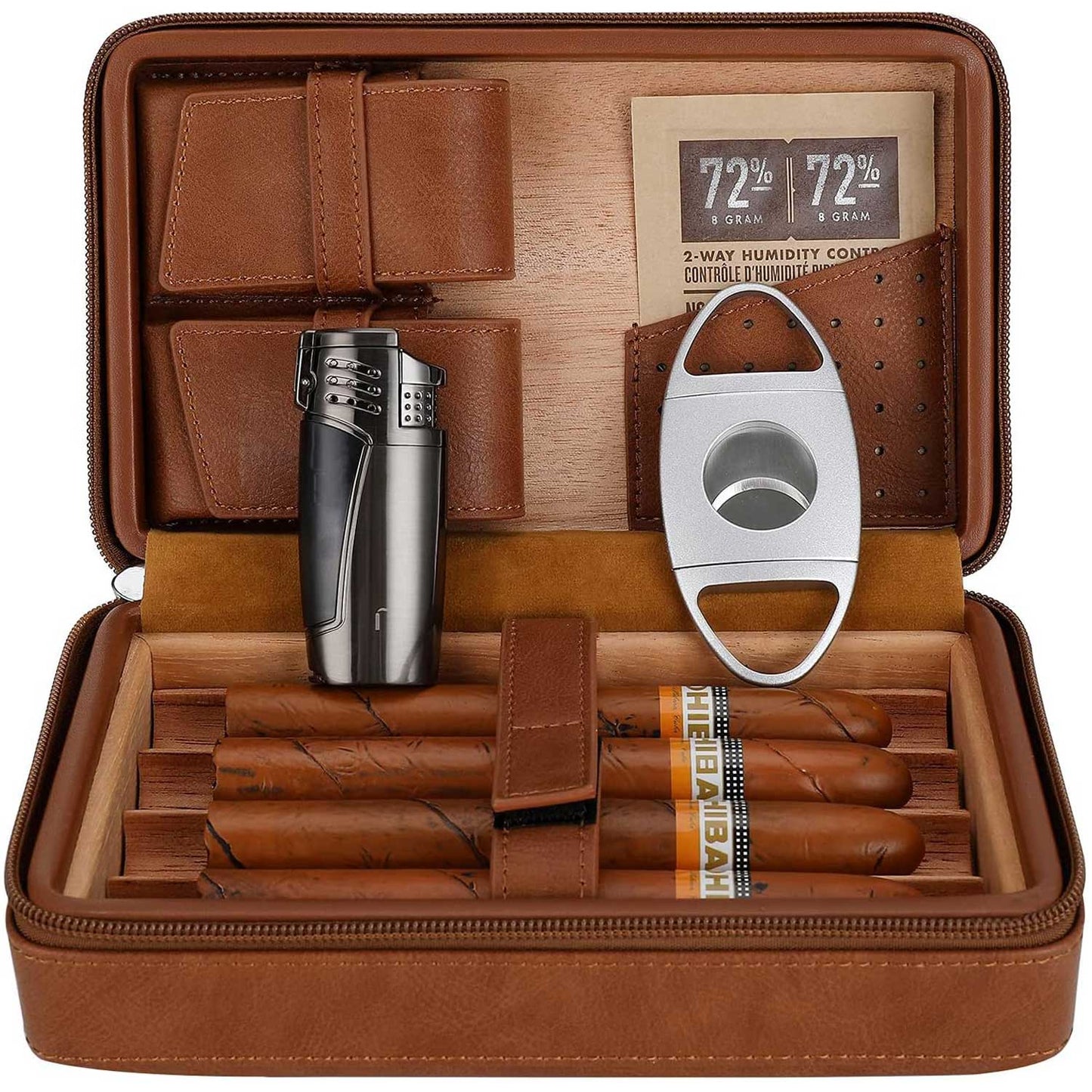 Cedar Wood Leather Cigar Case with Cigar Accessories Gift Set