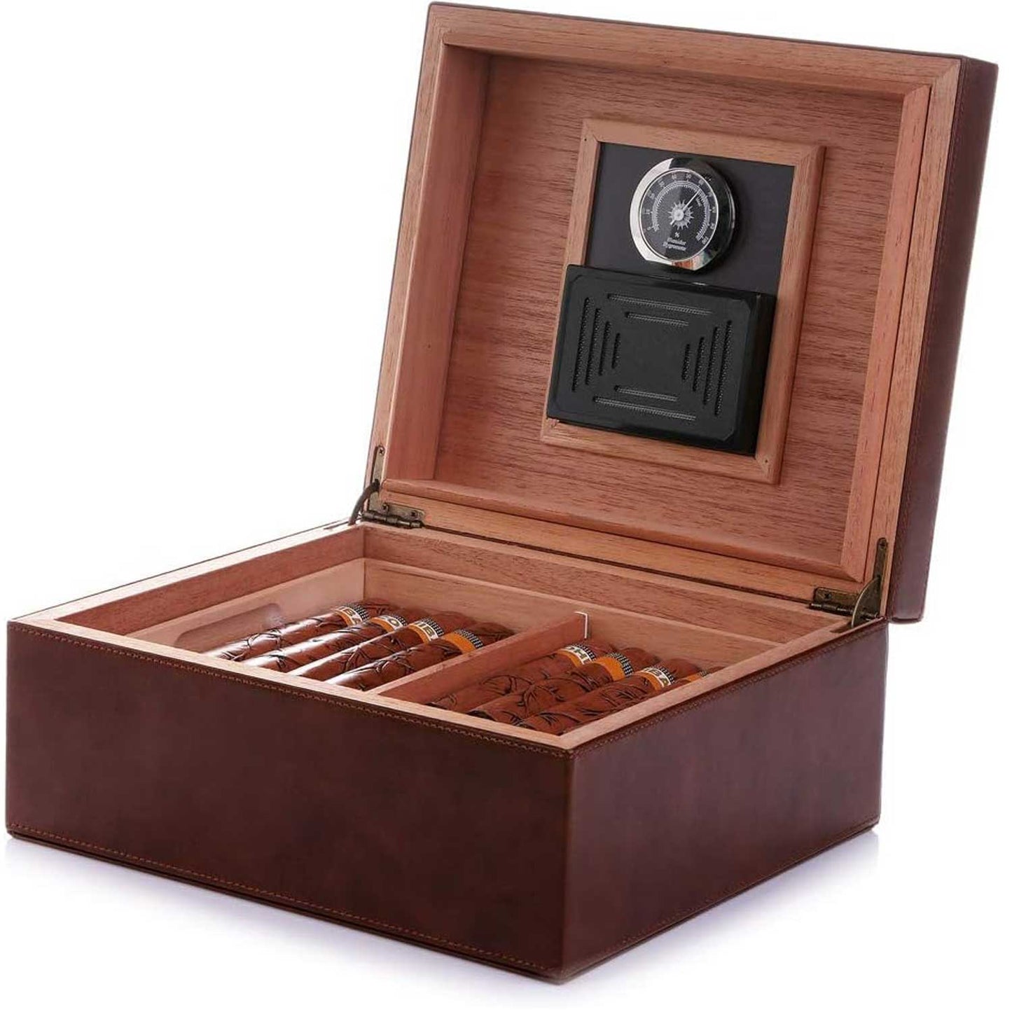 Cedar & Leather Cigar Storage Box Well Seal Design with Tray and Adjustable Divider