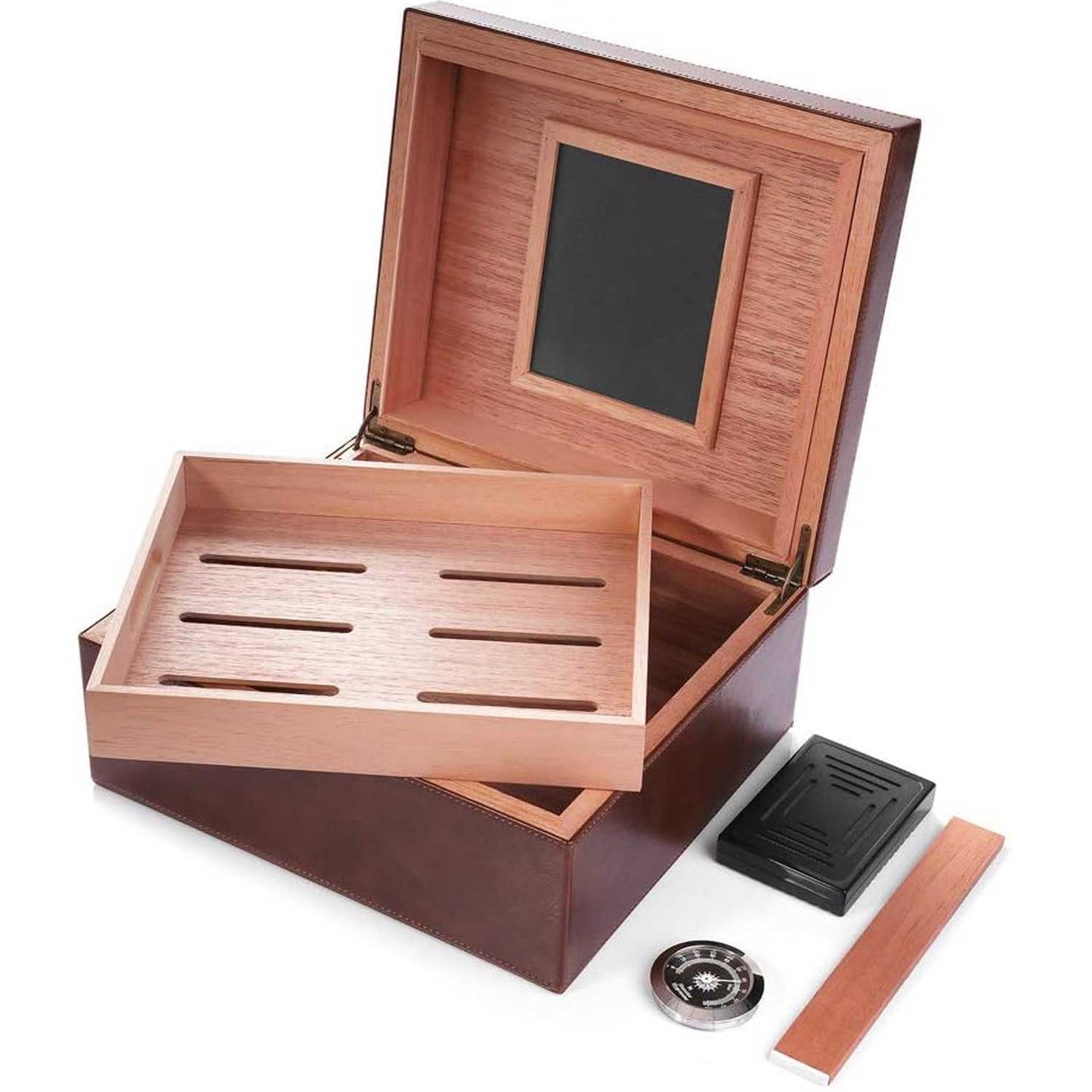 Cedar & Leather Cigar Storage Box Well Seal Design with Tray and Adjustable Divider
