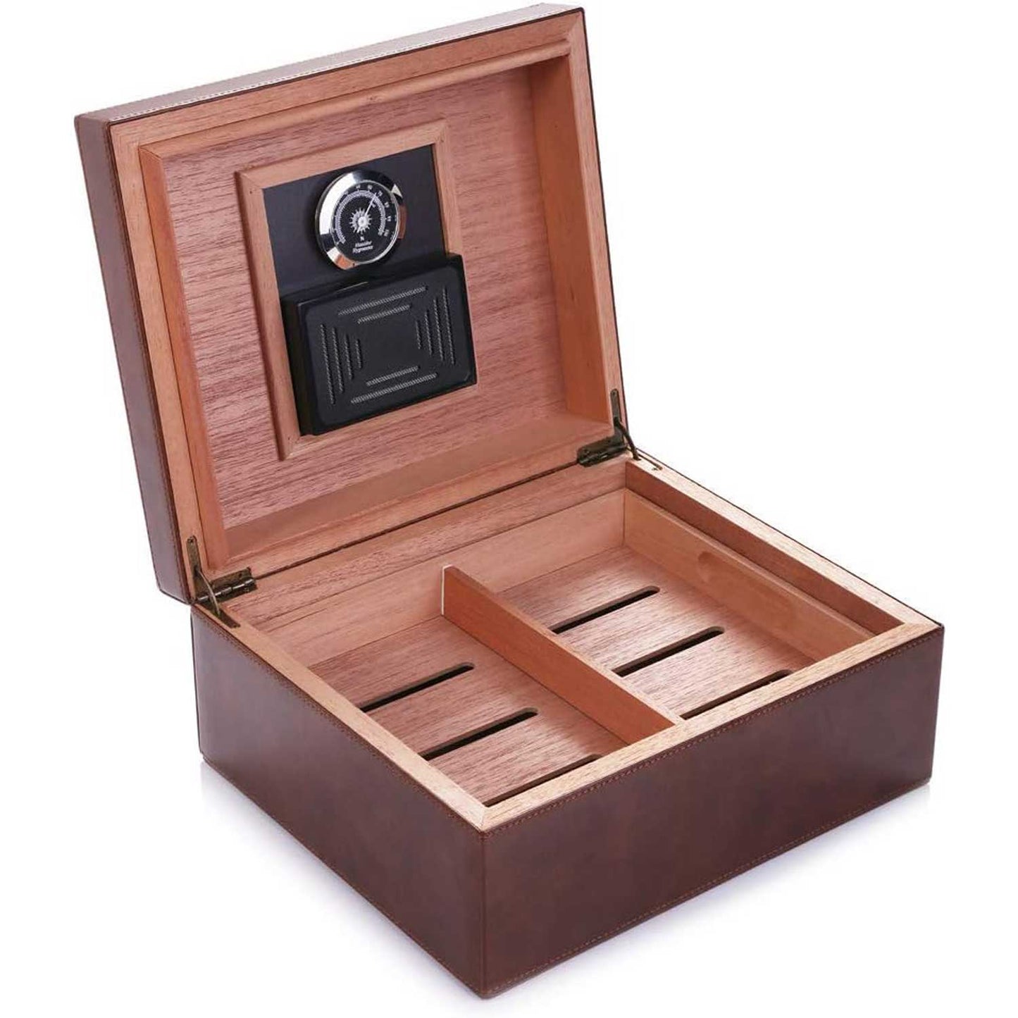 Cedar & Leather Cigar Storage Box Well Seal Design with Tray and Adjustable Divider