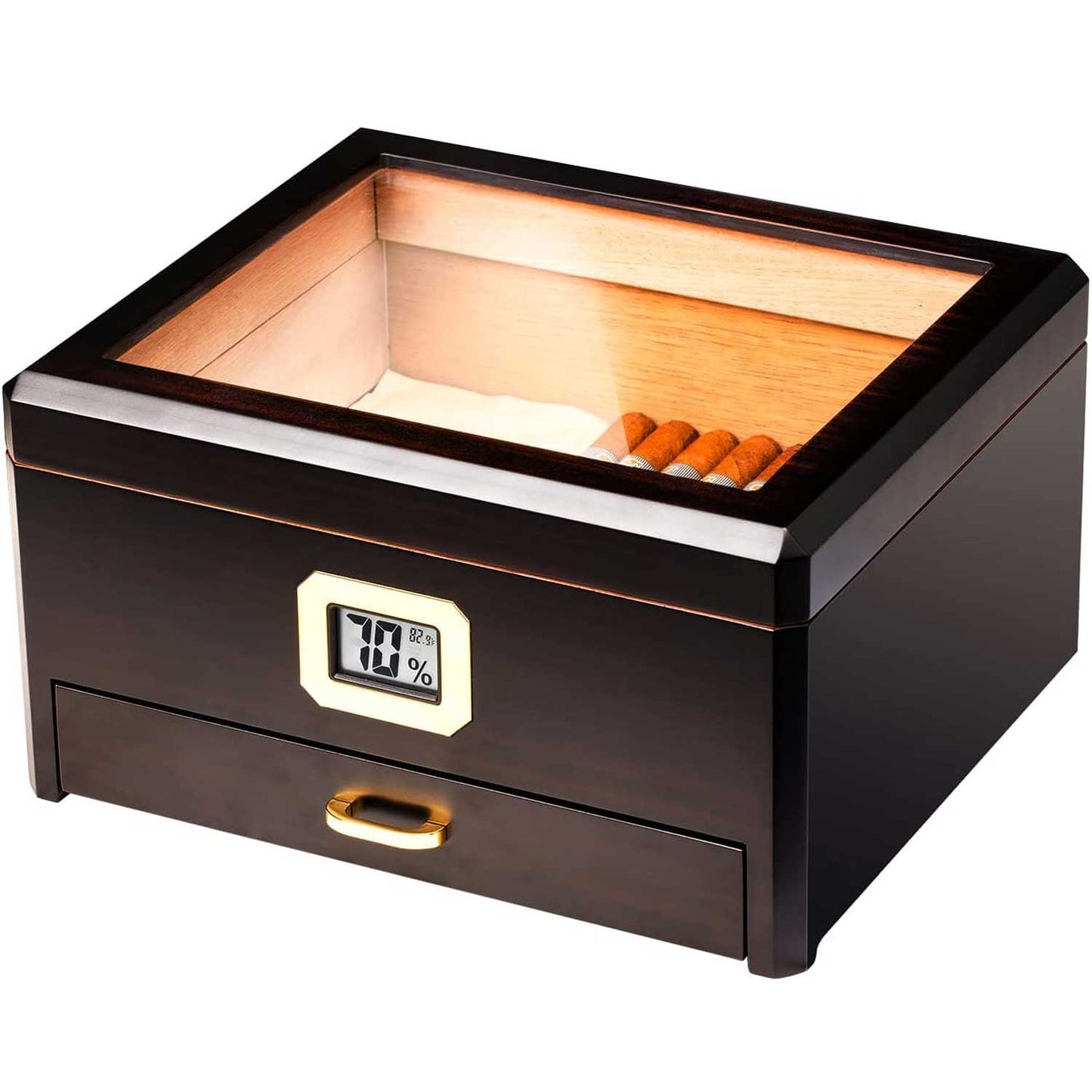 Cigar Humidor and Boveda 72% Humidity Packs with Accessory Drawer